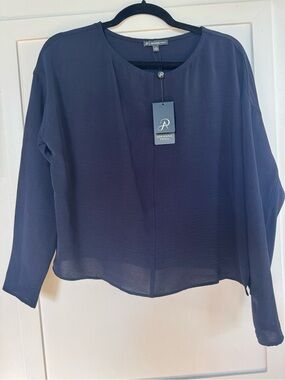 Adrianna Papell Navy Long-Sleeve Round-Neck Blouse NEW